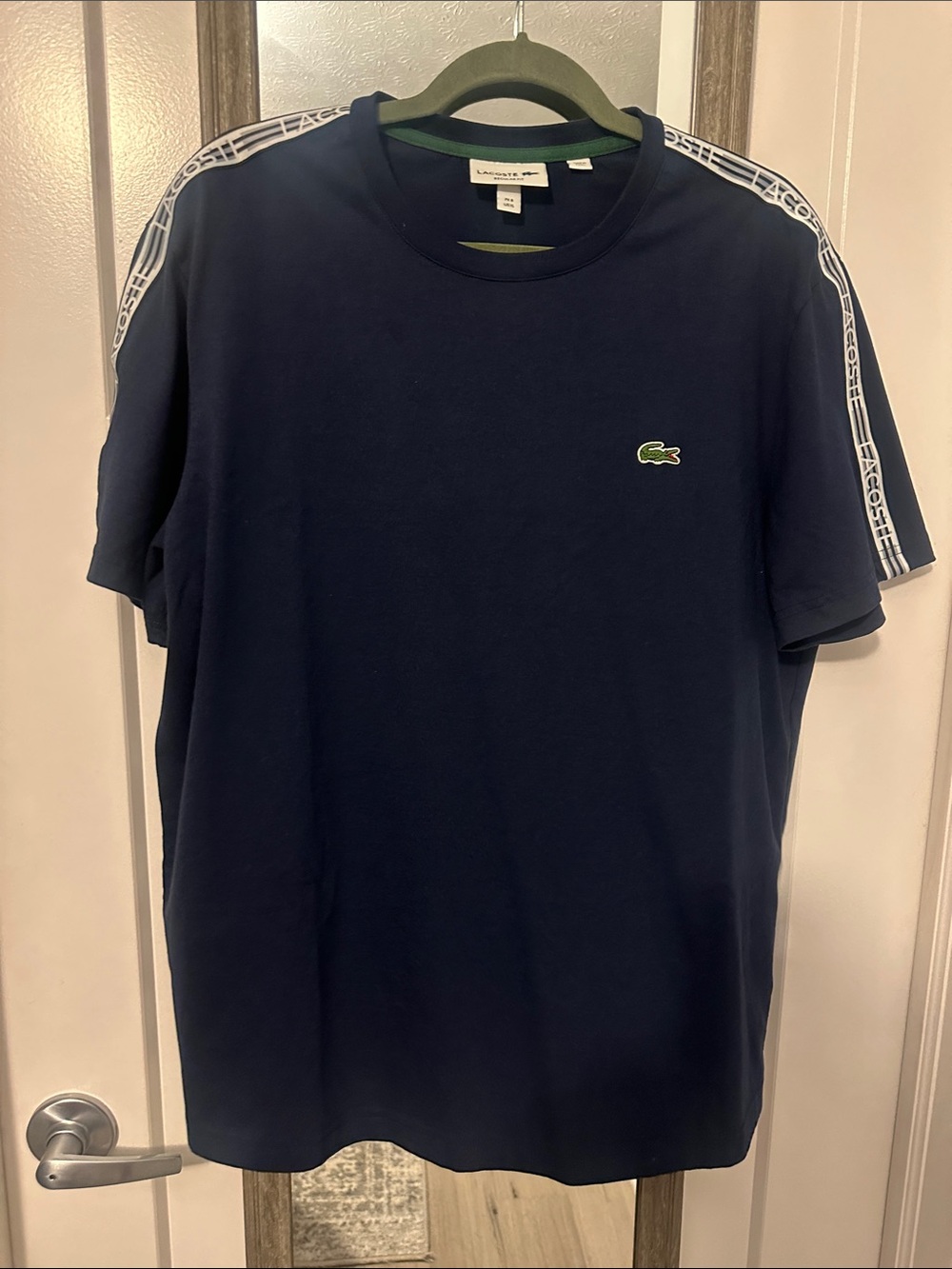 Lacoste Navy Short Sleeve Tee with White Shoulder Tape and Green Crocodile